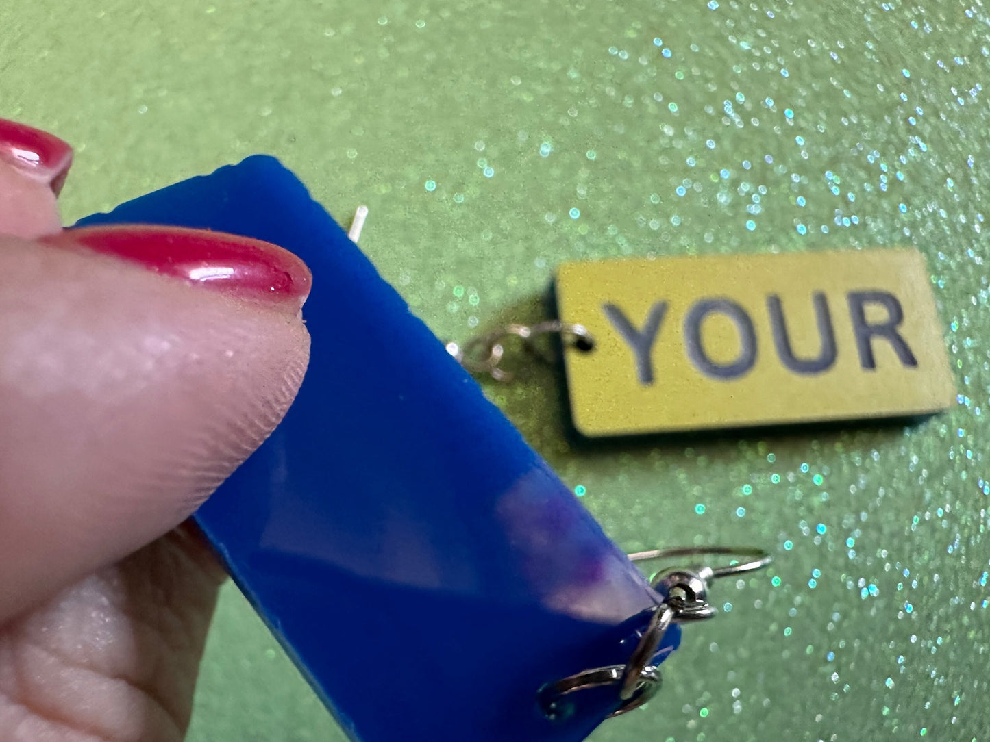 Custom Text Earrings: Laser Engraved Words, Yellow with Blue Text, Letters, Names, Teacher Gift, Anniversary, Best Gifts for Her/Him/Them