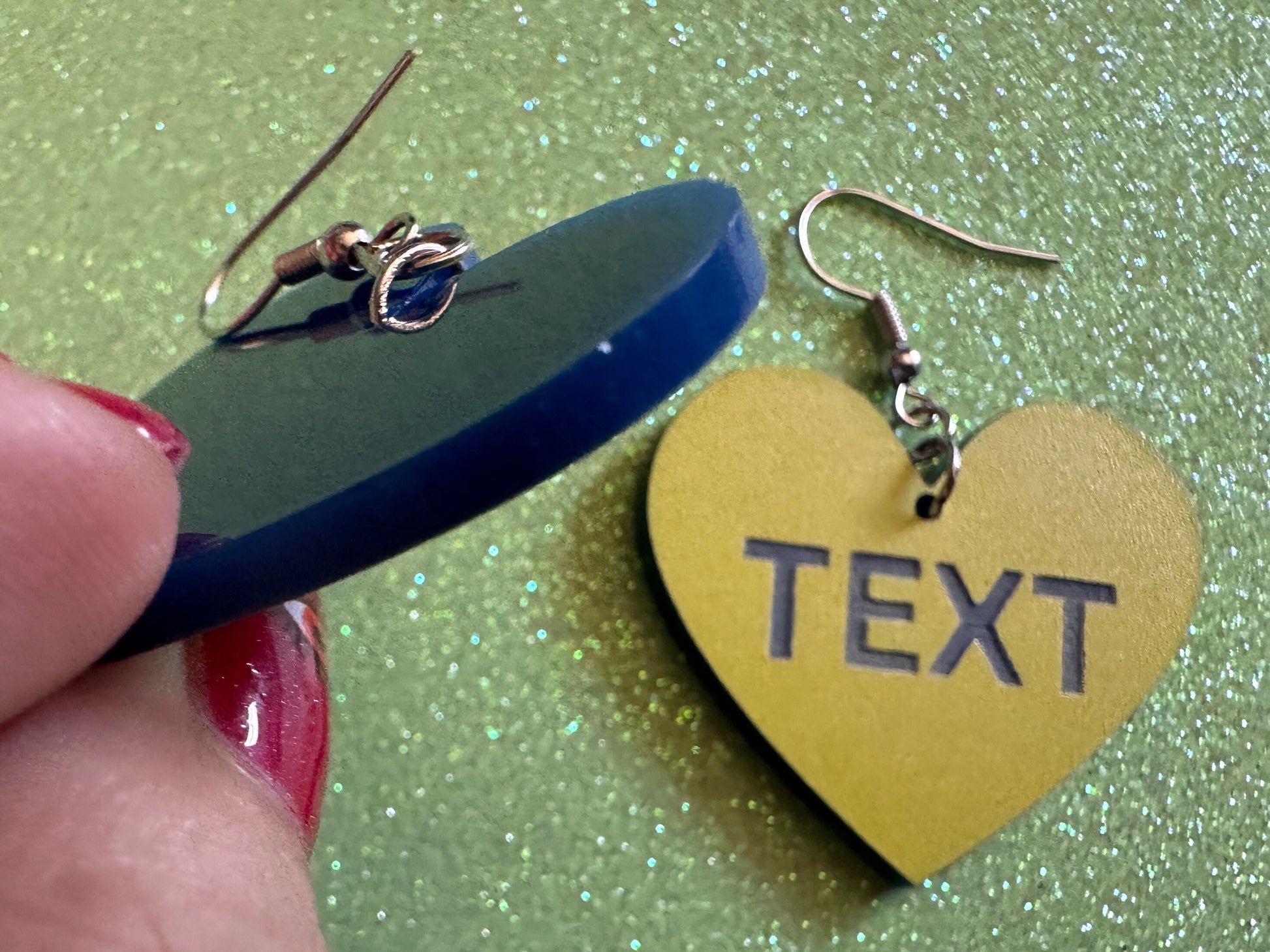 Custom Text Earrings: Laser Engraved Words, Yellow with Blue Text, Letters, Names, Teacher Gift, Anniversary, Best Gifts for Her/Him/Them
