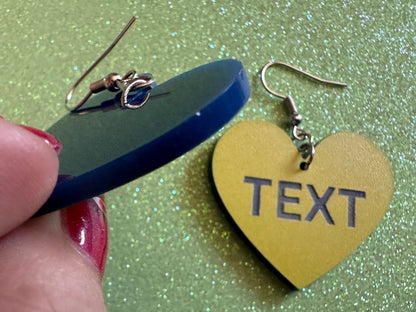 Custom Text Earrings: Laser Engraved Words, Yellow with Blue Text, Letters, Names, Teacher Gift, Anniversary, Best Gifts for Her/Him/Them