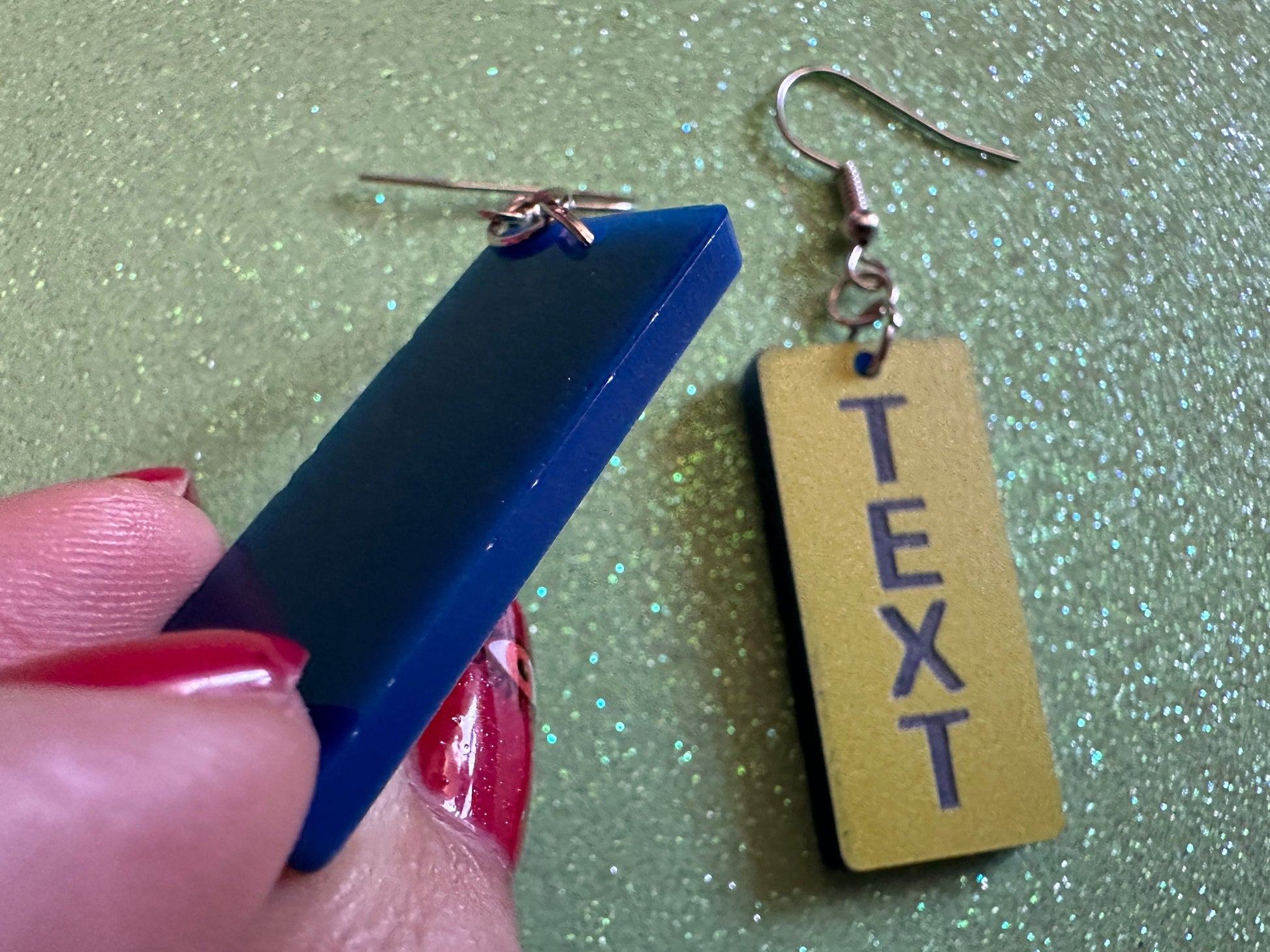Custom Text Earrings: Laser Engraved Words, Yellow with Blue Text, Letters, Names, Teacher Gift, Anniversary, Best Gifts for Her/Him/Them