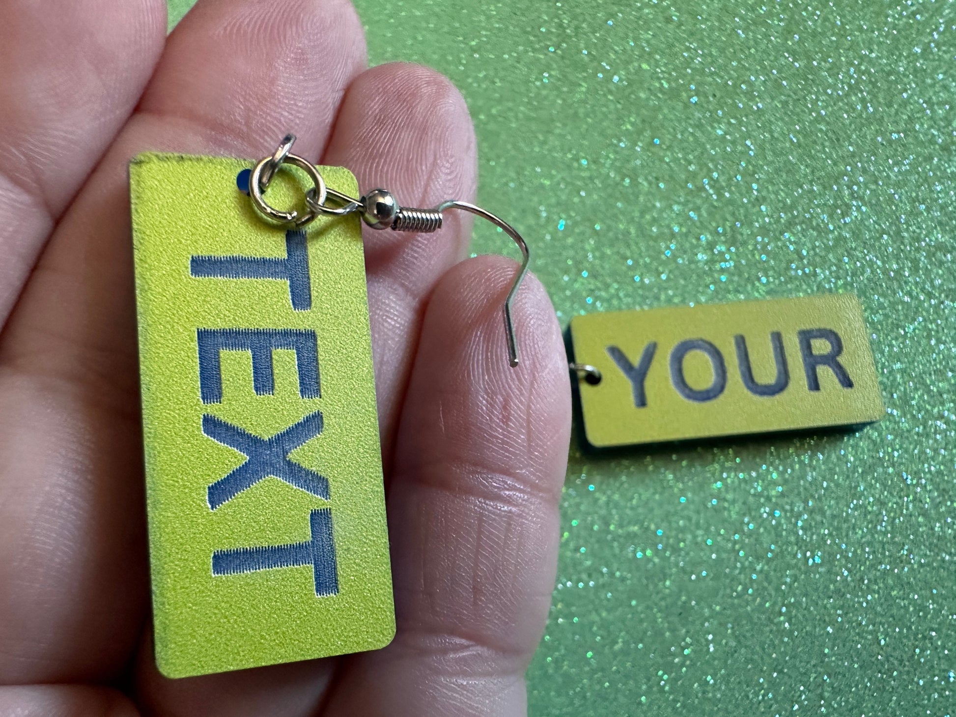 Custom Text Earrings: Laser Engraved Words, Yellow with Blue Text, Letters, Names, Teacher Gift, Anniversary, Best Gifts for Her/Him/Them