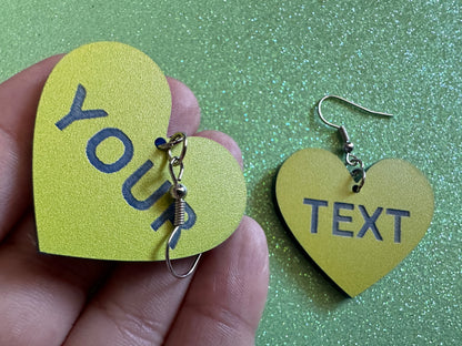 Custom Text Earrings: Laser Engraved Words, Yellow with Blue Text, Letters, Names, Teacher Gift, Anniversary, Best Gifts for Her/Him/Them