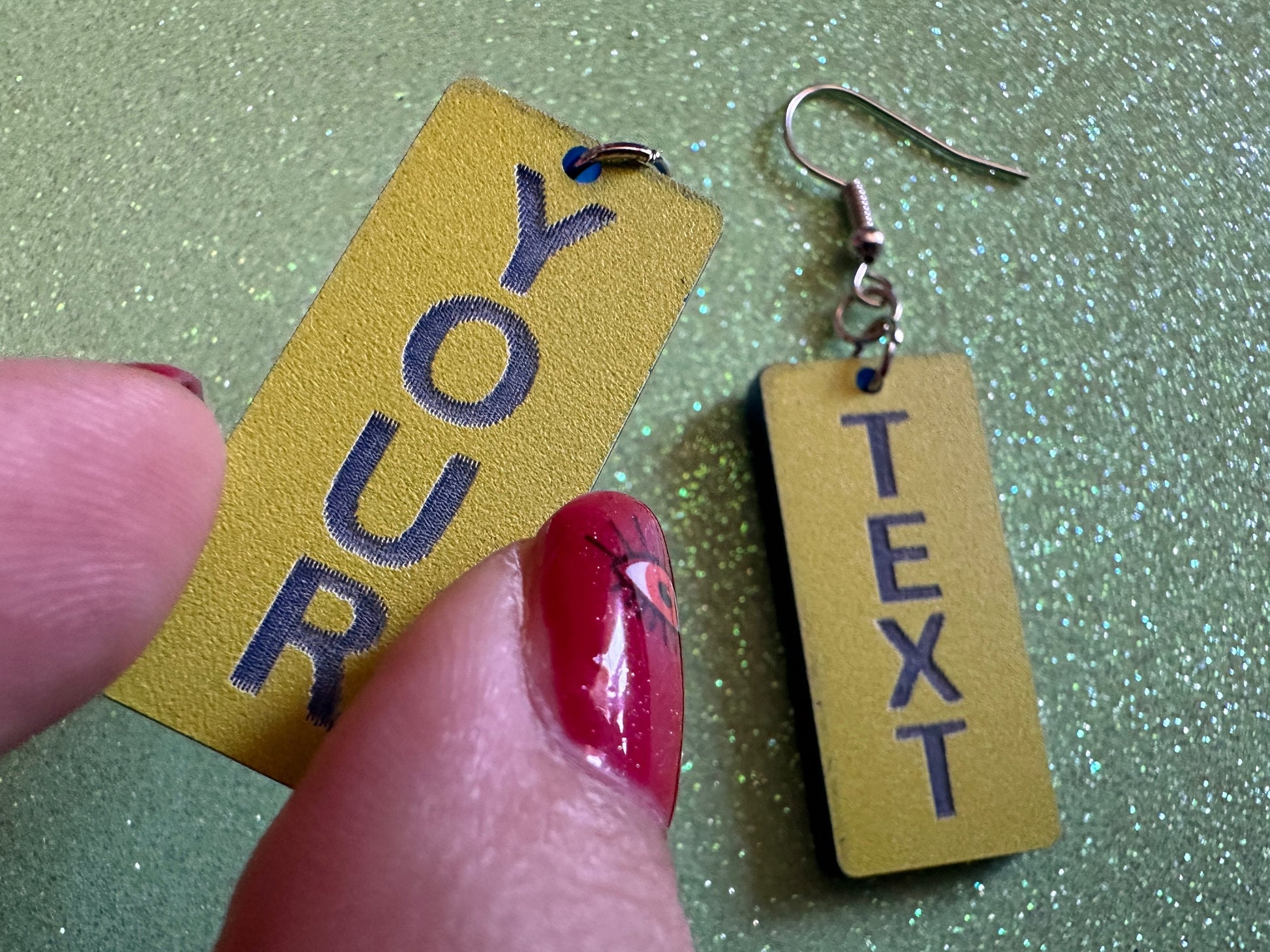 Custom Text Earrings: Laser Engraved Words, Yellow with Blue Text, Letters, Names, Teacher Gift, Anniversary, Best Gifts for Her/Him/Them