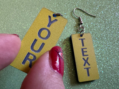 Custom Text Earrings: Laser Engraved Words, Yellow with Blue Text, Letters, Names, Teacher Gift, Anniversary, Best Gifts for Her/Him/Them