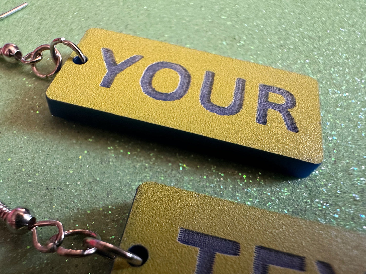 Custom Text Earrings: Laser Engraved Words, Yellow with Blue Text, Letters, Names, Teacher Gift, Anniversary, Best Gifts for Her/Him/Them