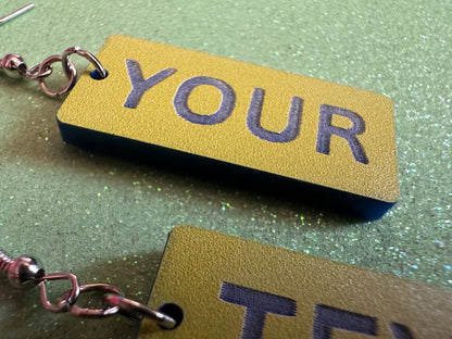 Custom Text Earrings: Laser Engraved Words, Yellow with Blue Text, Letters, Names, Teacher Gift, Anniversary, Best Gifts for Her/Him/Them