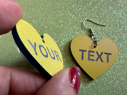 Custom Text Earrings: Laser Engraved Words, Yellow with Blue Text, Letters, Names, Teacher Gift, Anniversary, Best Gifts for Her/Him/Them