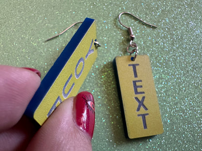 Custom Text Earrings: Laser Engraved Words, Yellow with Blue Text, Letters, Names, Teacher Gift, Anniversary, Best Gifts for Her/Him/Them