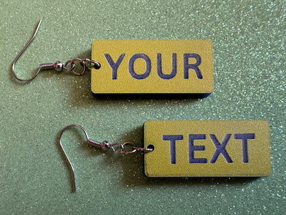 Custom Text Earrings: Laser Engraved Words, Yellow with Blue Text, Letters, Names, Teacher Gift, Anniversary, Best Gifts for Her/Him/Them