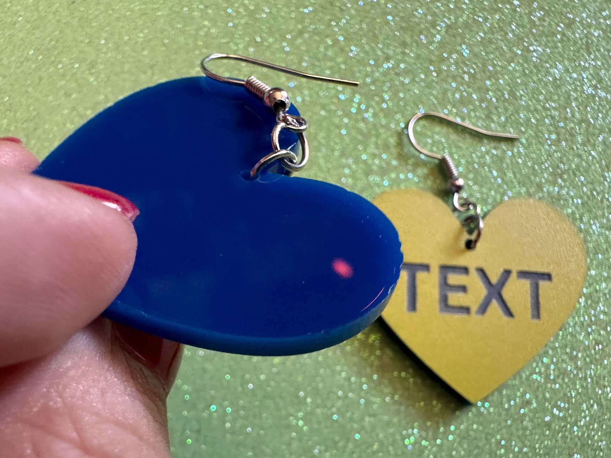 Custom Text Earrings: Laser Engraved Words, Yellow with Blue Text, Letters, Names, Teacher Gift, Anniversary, Best Gifts for Her/Him/Them