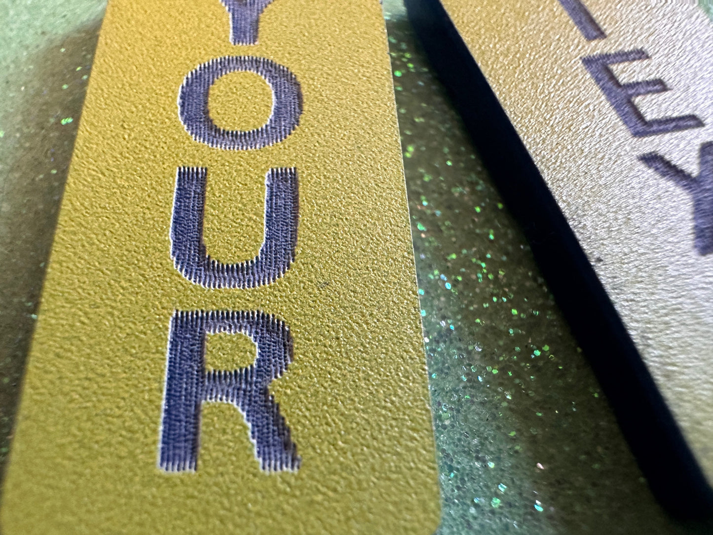 Custom Text Earrings: Laser Engraved Words, Yellow with Blue Text, Letters, Names, Teacher Gift, Anniversary, Best Gifts for Her/Him/Them