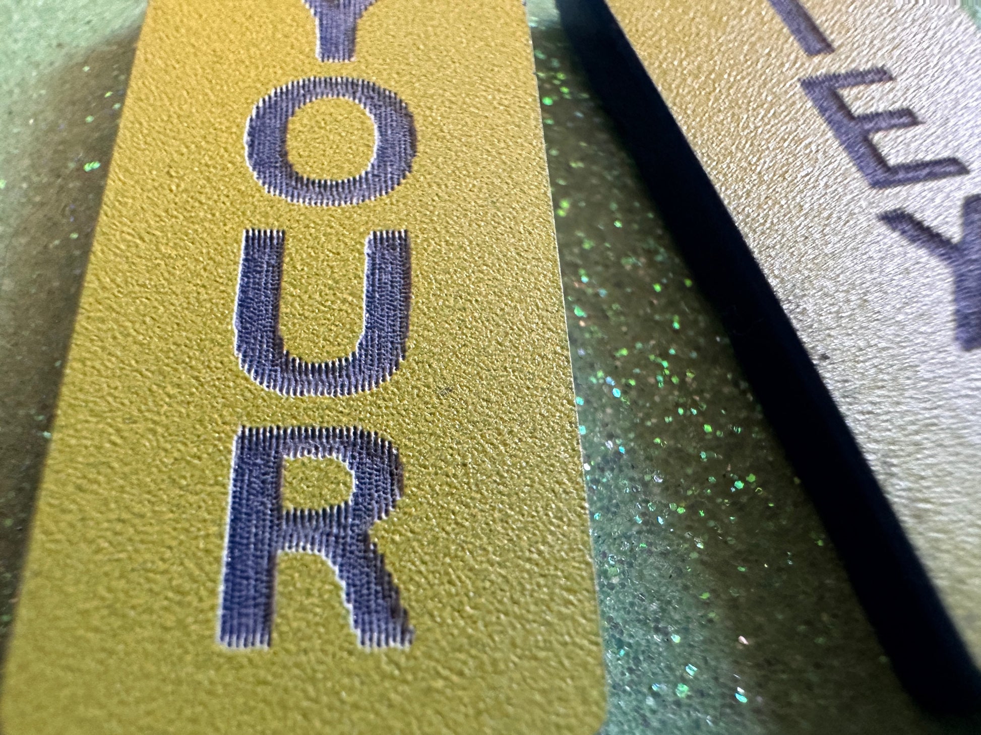 Custom Text Earrings: Laser Engraved Words, Yellow with Blue Text, Letters, Names, Teacher Gift, Anniversary, Best Gifts for Her/Him/Them