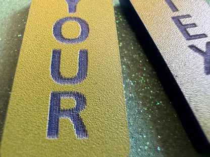 Custom Text Earrings: Laser Engraved Words, Yellow with Blue Text, Letters, Names, Teacher Gift, Anniversary, Best Gifts for Her/Him/Them