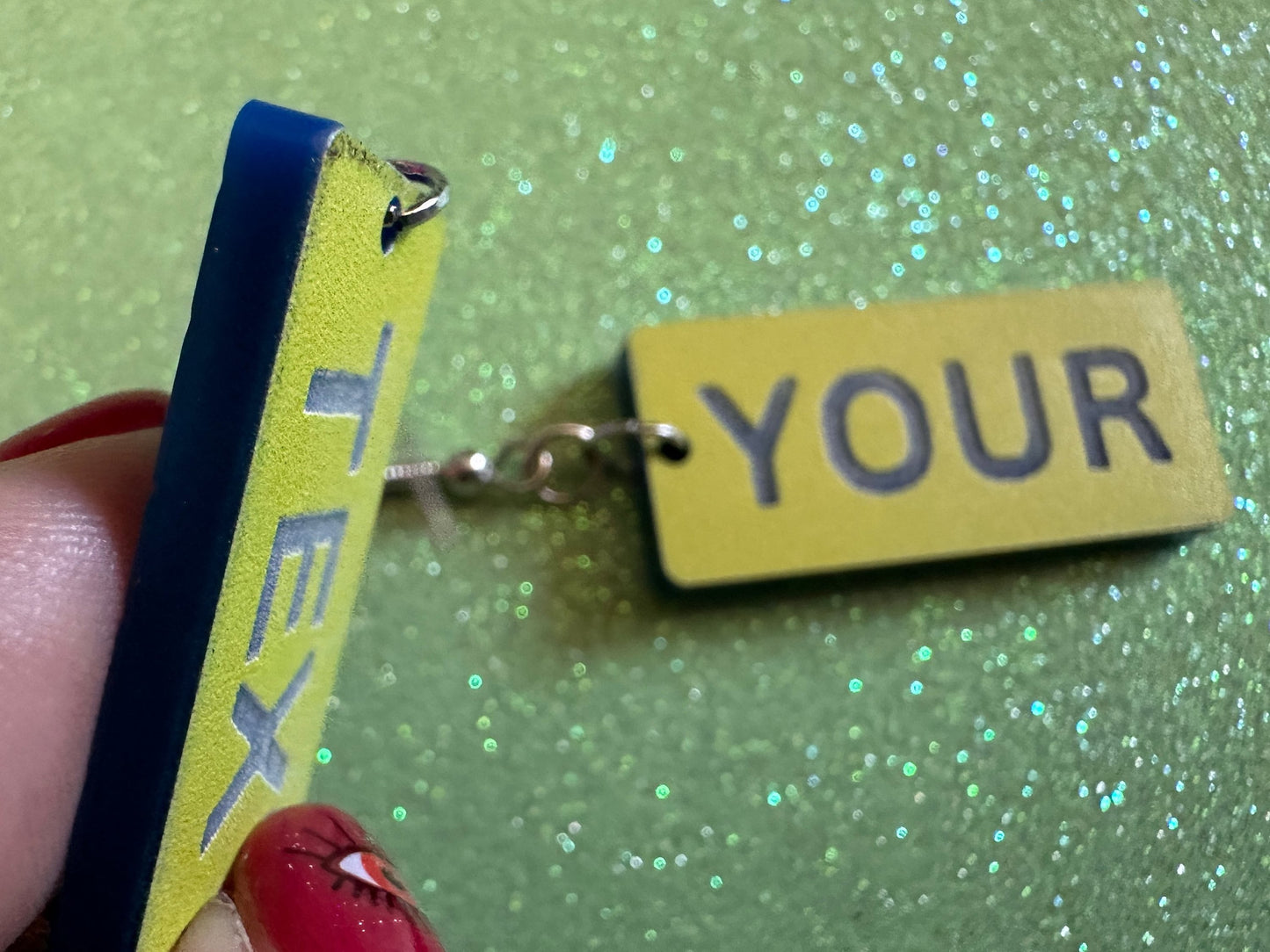 Custom Text Earrings: Laser Engraved Words, Yellow with Blue Text, Letters, Names, Teacher Gift, Anniversary, Best Gifts for Her/Him/Them