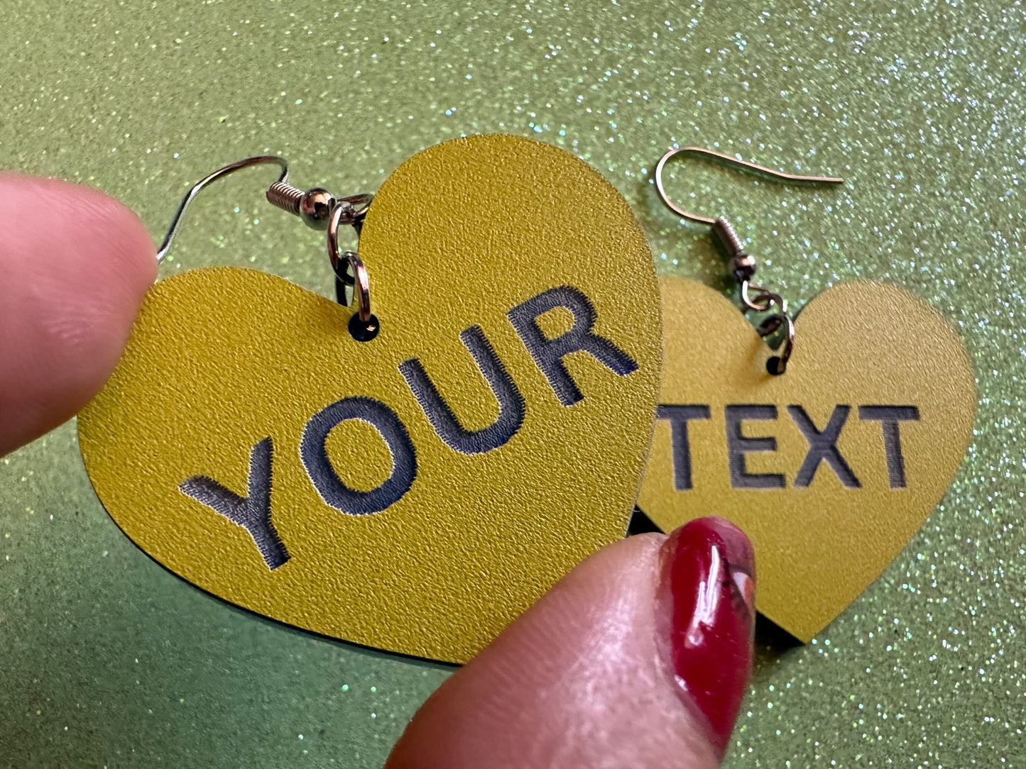Custom Text Earrings: Laser Engraved Words, Yellow with Blue Text, Letters, Names, Teacher Gift, Anniversary, Best Gifts for Her/Him/Them