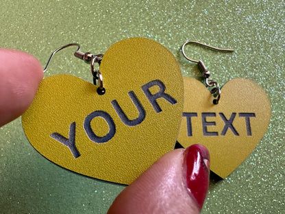 Custom Text Earrings: Laser Engraved Words, Yellow with Blue Text, Letters, Names, Teacher Gift, Anniversary, Best Gifts for Her/Him/Them