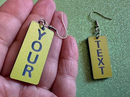 Custom Text Earrings: Laser Engraved Words, Yellow with Blue Text, Letters, Names, Teacher Gift, Anniversary, Best Gifts for Her/Him/Them
