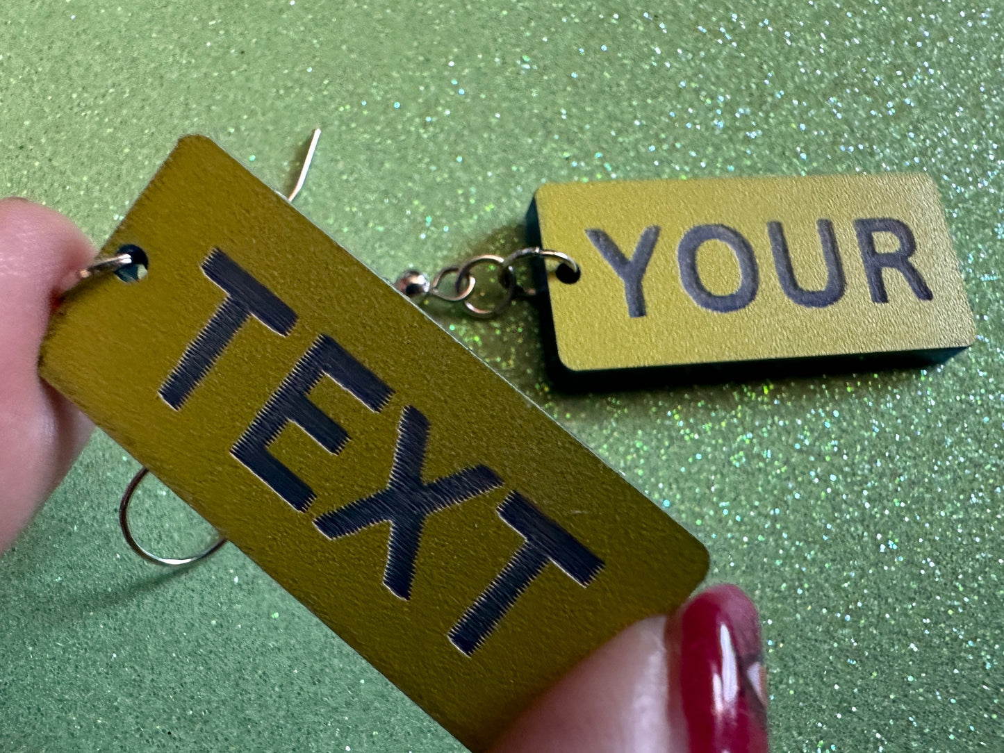 Custom Text Earrings: Laser Engraved Words, Yellow with Blue Text, Letters, Names, Teacher Gift, Anniversary, Best Gifts for Her/Him/Them