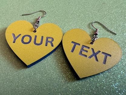 Custom Text Earrings: Laser Engraved Words, Yellow with Blue Text, Letters, Names, Teacher Gift, Anniversary, Best Gifts for Her/Him/Them