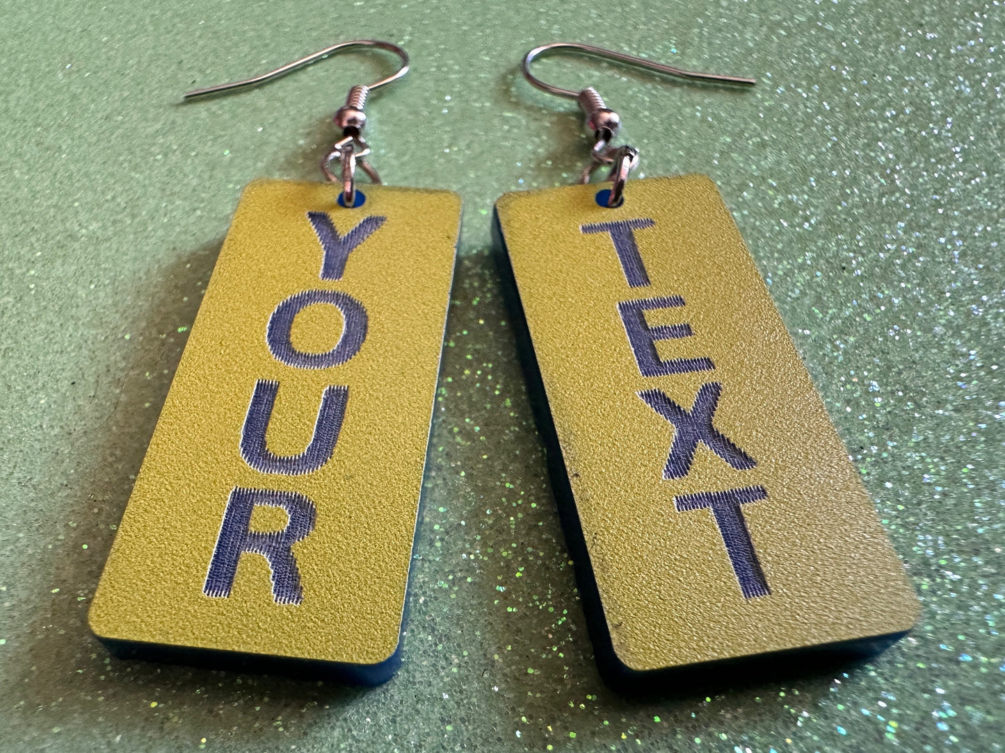 Custom Text Earrings: Laser Engraved Words, Yellow with Blue Text, Letters, Names, Teacher Gift, Anniversary, Best Gifts for Her/Him/Them