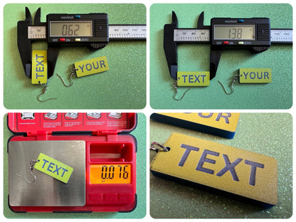 Custom Text Earrings: Laser Engraved Words, Yellow with Blue Text, Letters, Names, Teacher Gift, Anniversary, Best Gifts for Her/Him/Them