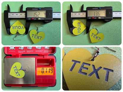 Custom Text Earrings: Laser Engraved Words, Yellow with Blue Text, Letters, Names, Teacher Gift, Anniversary, Best Gifts for Her/Him/Them