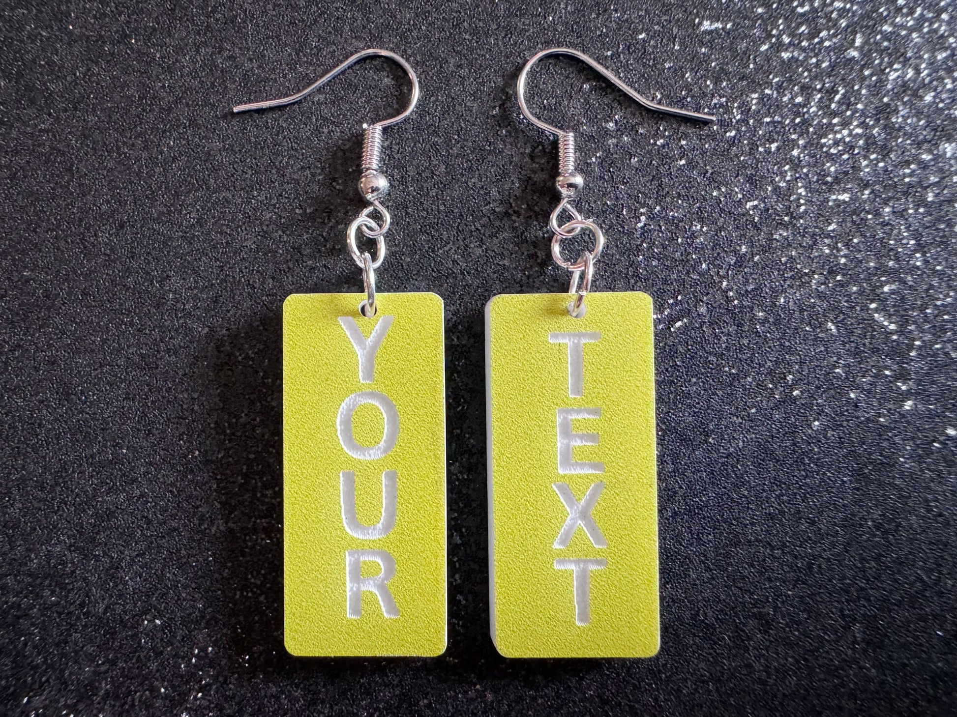 Custom Text Earrings: Laser Engraved Words, Yellow with White Text, Letters, Names, Teacher Gift, Anniversary, Best Gifts for Her/Him/Them