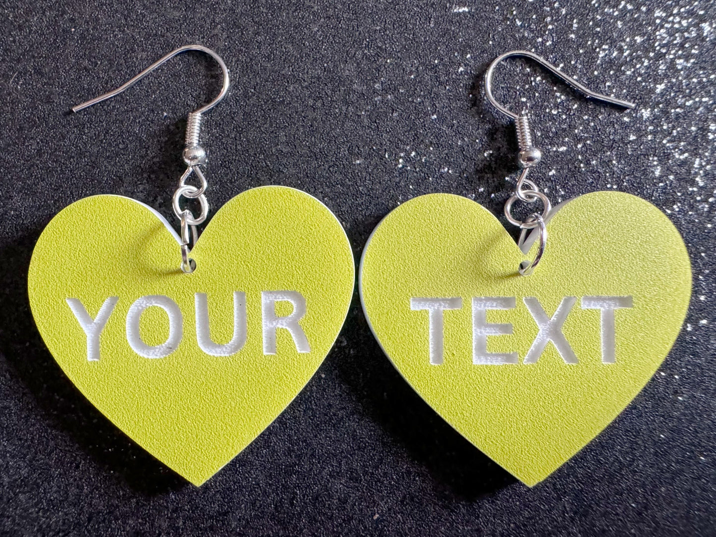 Custom Text Earrings: Laser Engraved Words, Yellow with White Text, Letters, Names, Teacher Gift, Anniversary, Best Gifts for Her/Him/Them
