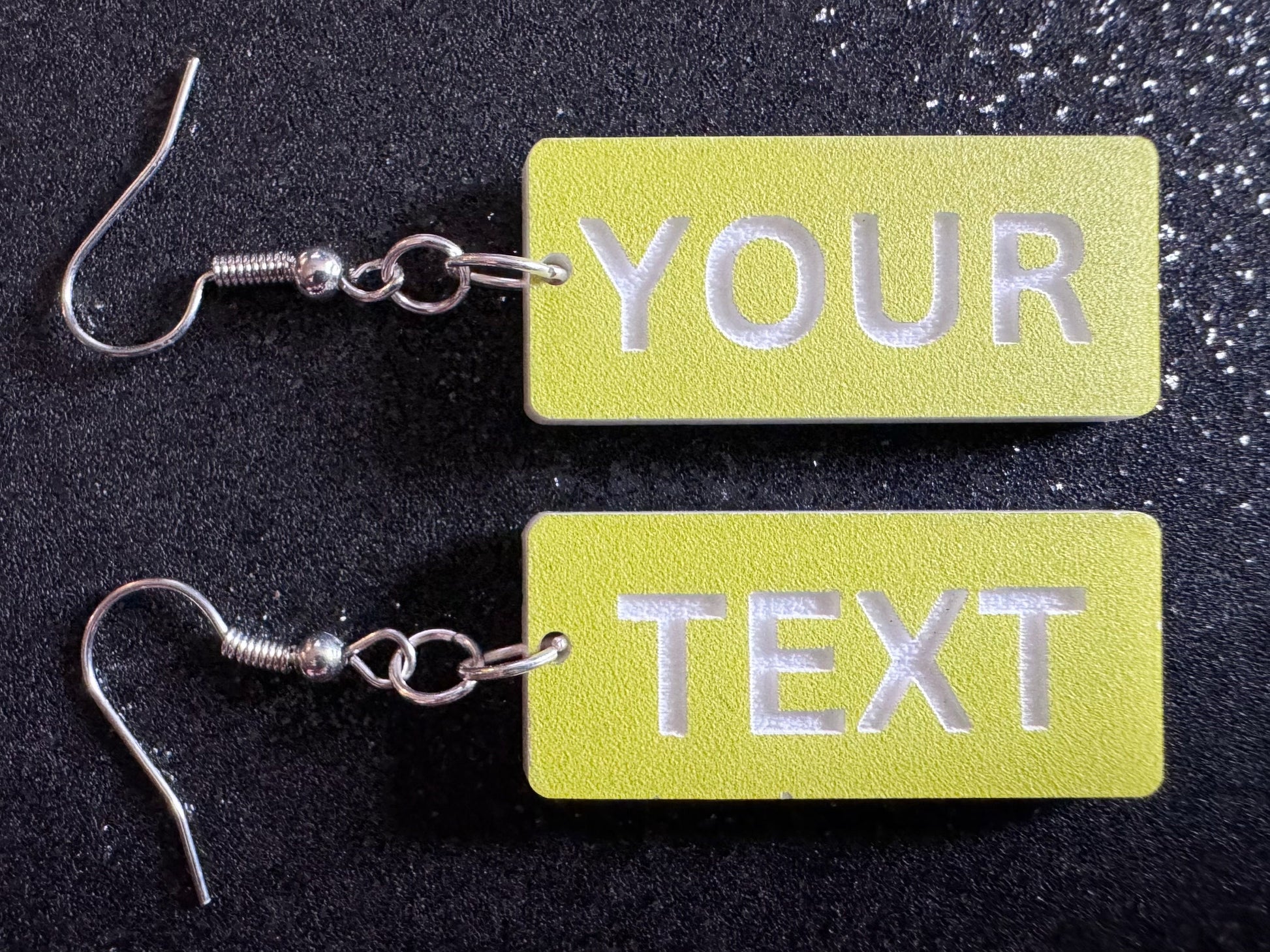 Custom Text Earrings: Laser Engraved Words, Yellow with White Text, Letters, Names, Teacher Gift, Anniversary, Best Gifts for Her/Him/Them