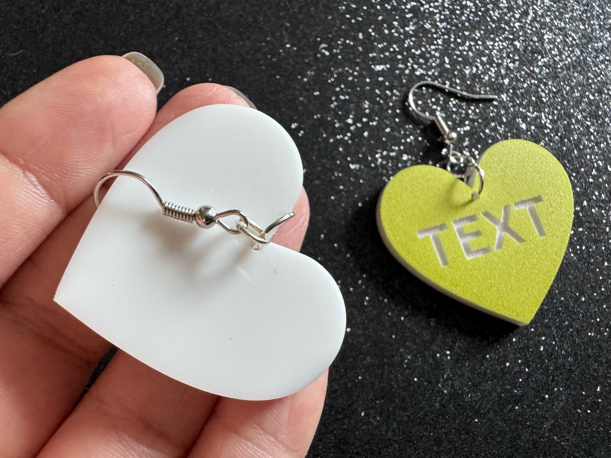 Custom Text Earrings: Laser Engraved Words, Yellow with White Text, Letters, Names, Teacher Gift, Anniversary, Best Gifts for Her/Him/Them