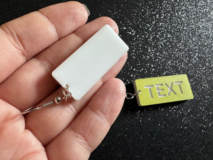 Custom Text Earrings: Laser Engraved Words, Yellow with White Text, Letters, Names, Teacher Gift, Anniversary, Best Gifts for Her/Him/Them