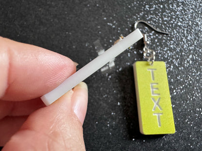 Custom Text Earrings: Laser Engraved Words, Yellow with White Text, Letters, Names, Teacher Gift, Anniversary, Best Gifts for Her/Him/Them