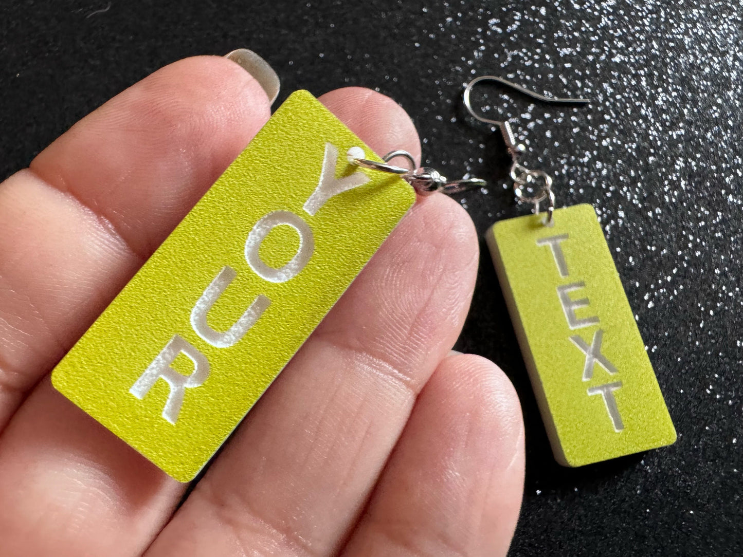 Custom Text Earrings: Laser Engraved Words, Yellow with White Text, Letters, Names, Teacher Gift, Anniversary, Best Gifts for Her/Him/Them