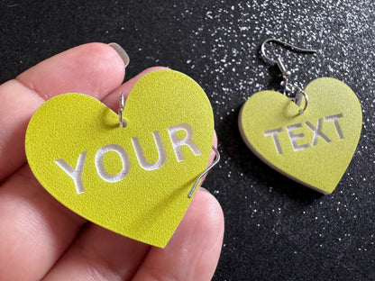 Custom Text Earrings: Laser Engraved Words, Yellow with White Text, Letters, Names, Teacher Gift, Anniversary, Best Gifts for Her/Him/Them