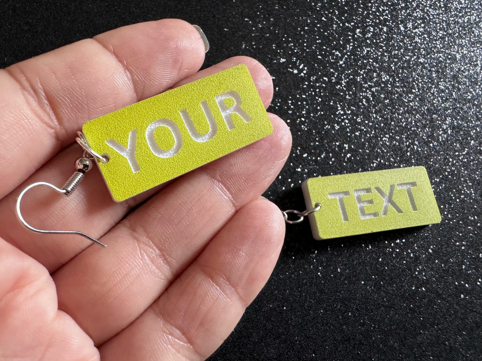 Custom Text Earrings: Laser Engraved Words, Yellow with White Text, Letters, Names, Teacher Gift, Anniversary, Best Gifts for Her/Him/Them