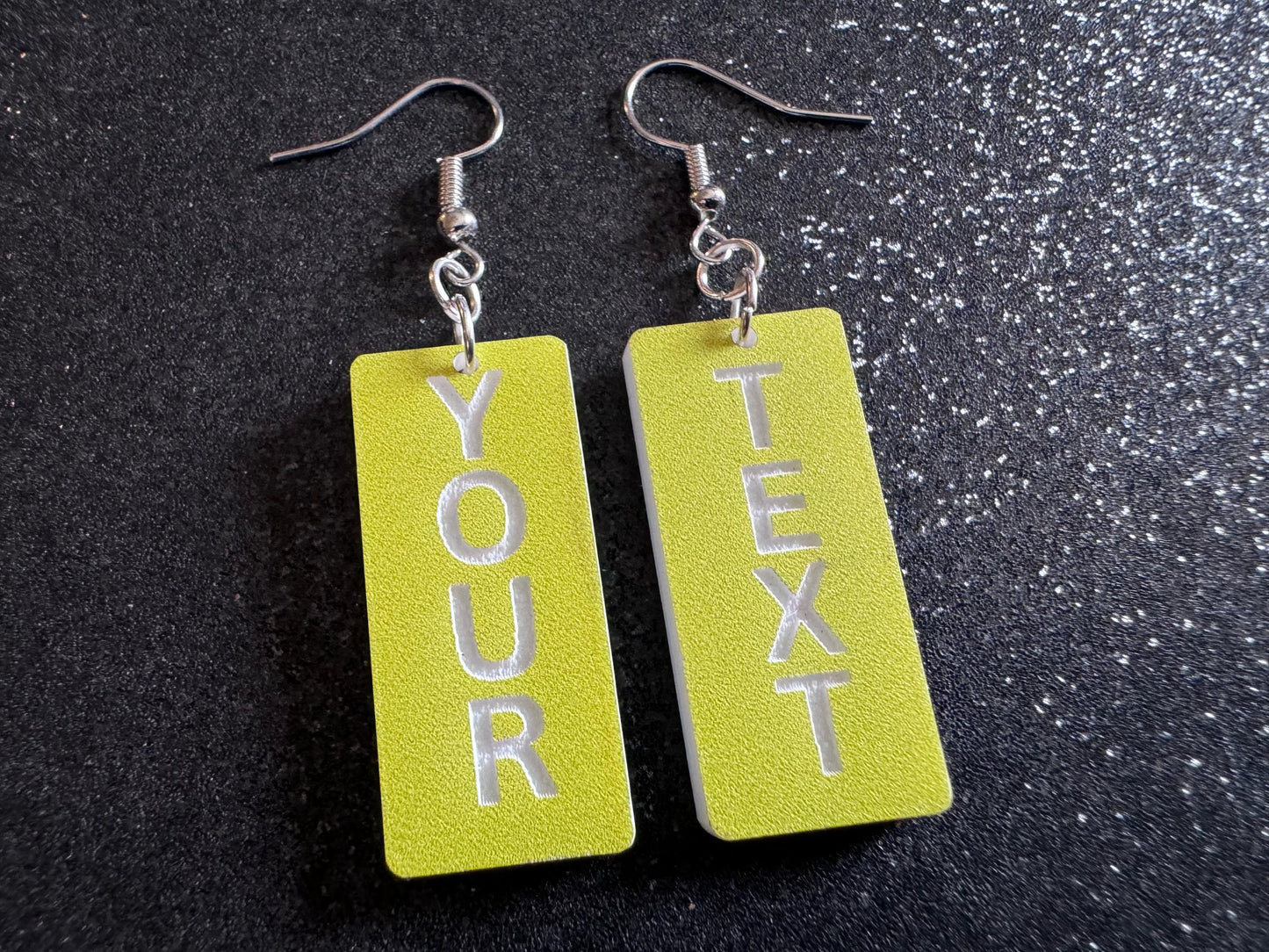 Custom Text Earrings: Laser Engraved Words, Yellow with White Text, Letters, Names, Teacher Gift, Anniversary, Best Gifts for Her/Him/Them
