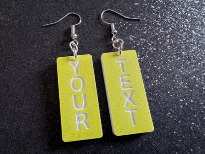 Custom Text Earrings: Laser Engraved Words, Yellow with White Text, Letters, Names, Teacher Gift, Anniversary, Best Gifts for Her/Him/Them