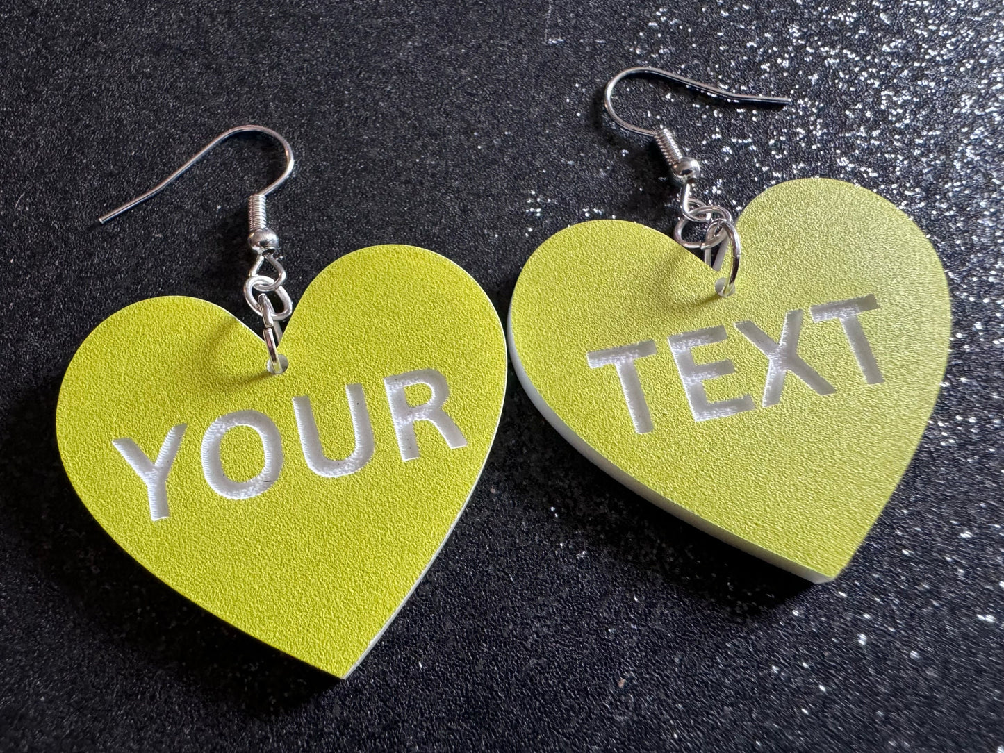 Custom Text Earrings: Laser Engraved Words, Yellow with White Text, Letters, Names, Teacher Gift, Anniversary, Best Gifts for Her/Him/Them