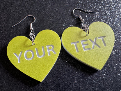 Custom Text Earrings: Laser Engraved Words, Yellow with White Text, Letters, Names, Teacher Gift, Anniversary, Best Gifts for Her/Him/Them