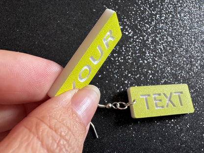 Custom Text Earrings: Laser Engraved Words, Yellow with White Text, Letters, Names, Teacher Gift, Anniversary, Best Gifts for Her/Him/Them