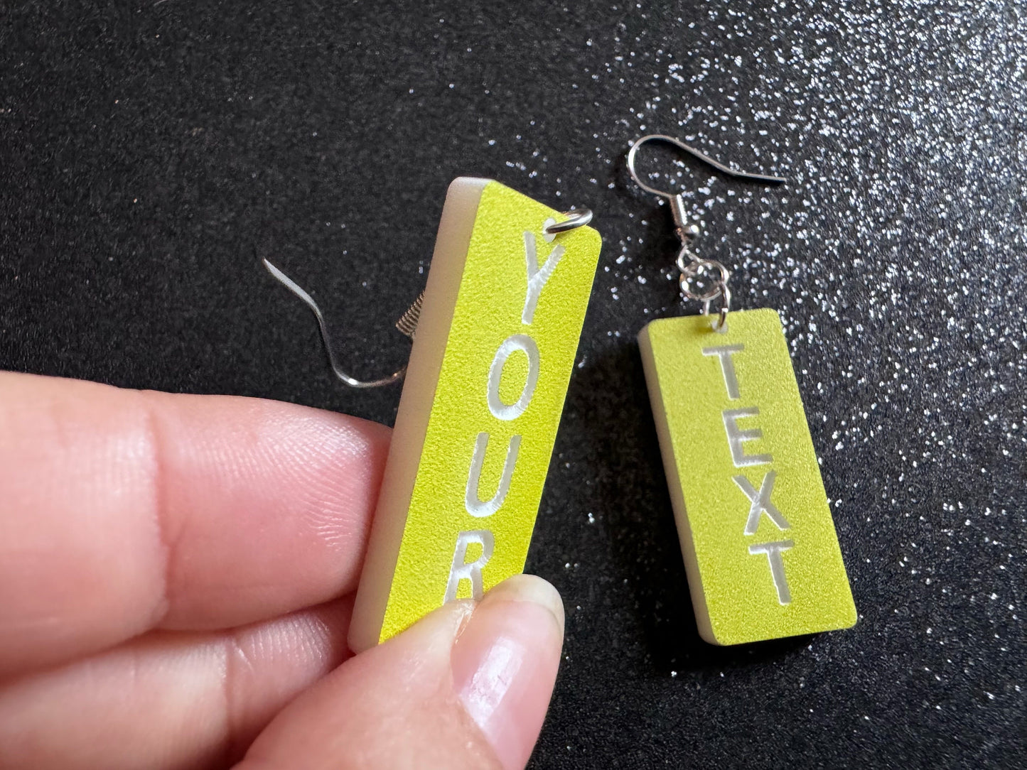 Custom Text Earrings: Laser Engraved Words, Yellow with White Text, Letters, Names, Teacher Gift, Anniversary, Best Gifts for Her/Him/Them