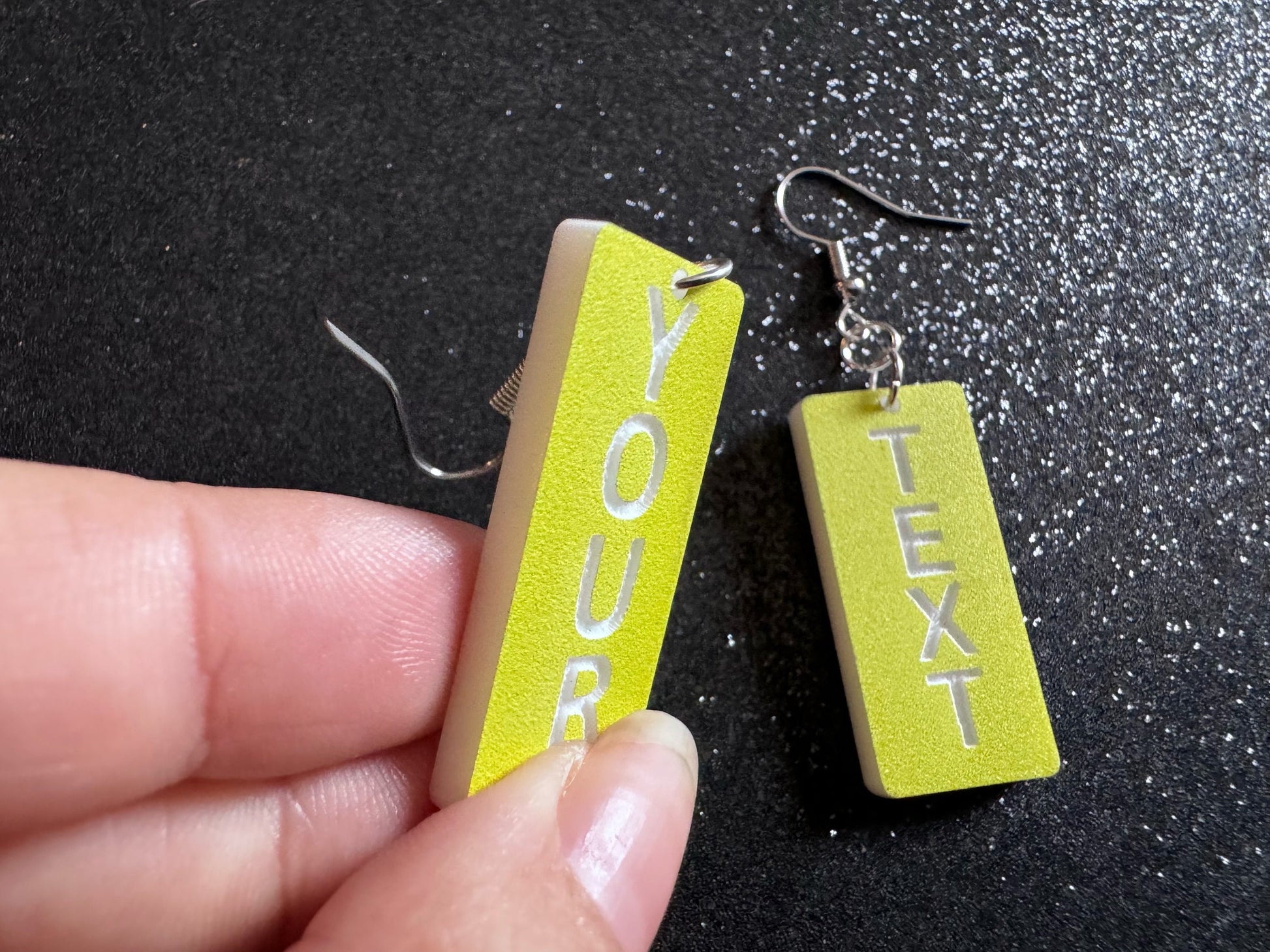 Custom Text Earrings: Laser Engraved Words, Yellow with White Text, Letters, Names, Teacher Gift, Anniversary, Best Gifts for Her/Him/Them