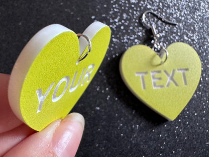 Custom Text Earrings: Laser Engraved Words, Yellow with White Text, Letters, Names, Teacher Gift, Anniversary, Best Gifts for Her/Him/Them