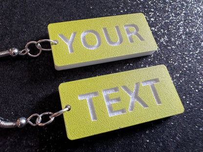 Custom Text Earrings: Laser Engraved Words, Yellow with White Text, Letters, Names, Teacher Gift, Anniversary, Best Gifts for Her/Him/Them