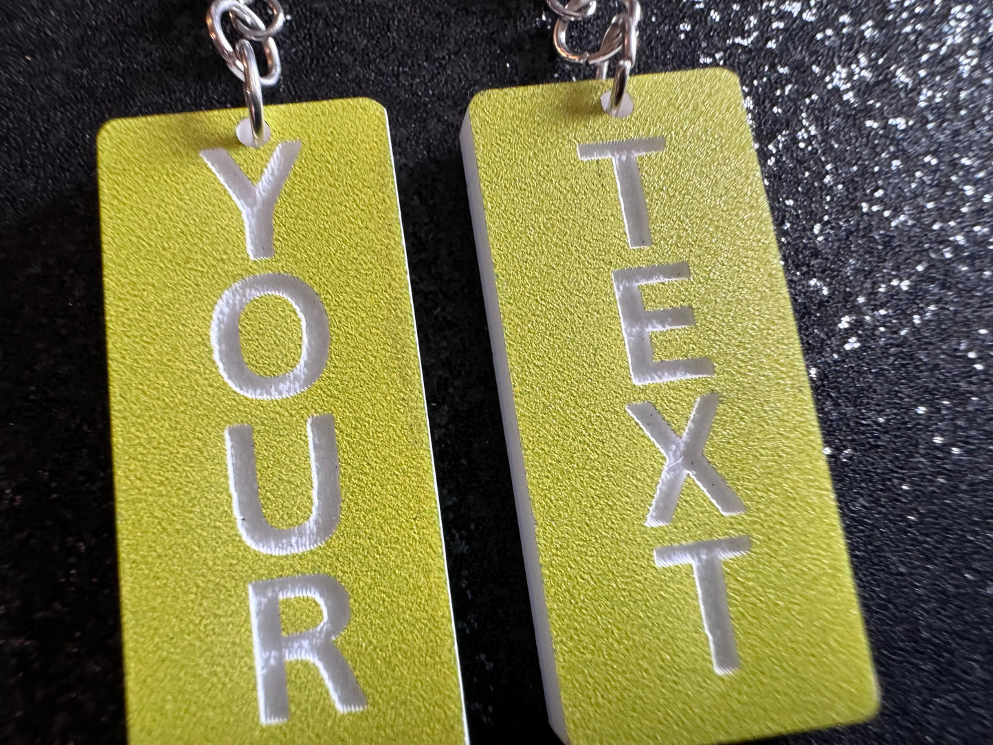 Custom Text Earrings: Laser Engraved Words, Yellow with White Text, Letters, Names, Teacher Gift, Anniversary, Best Gifts for Her/Him/Them