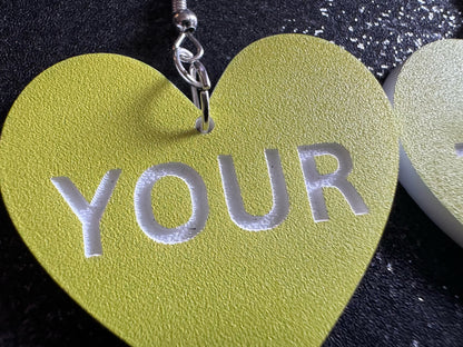 Custom Text Earrings: Laser Engraved Words, Yellow with White Text, Letters, Names, Teacher Gift, Anniversary, Best Gifts for Her/Him/Them