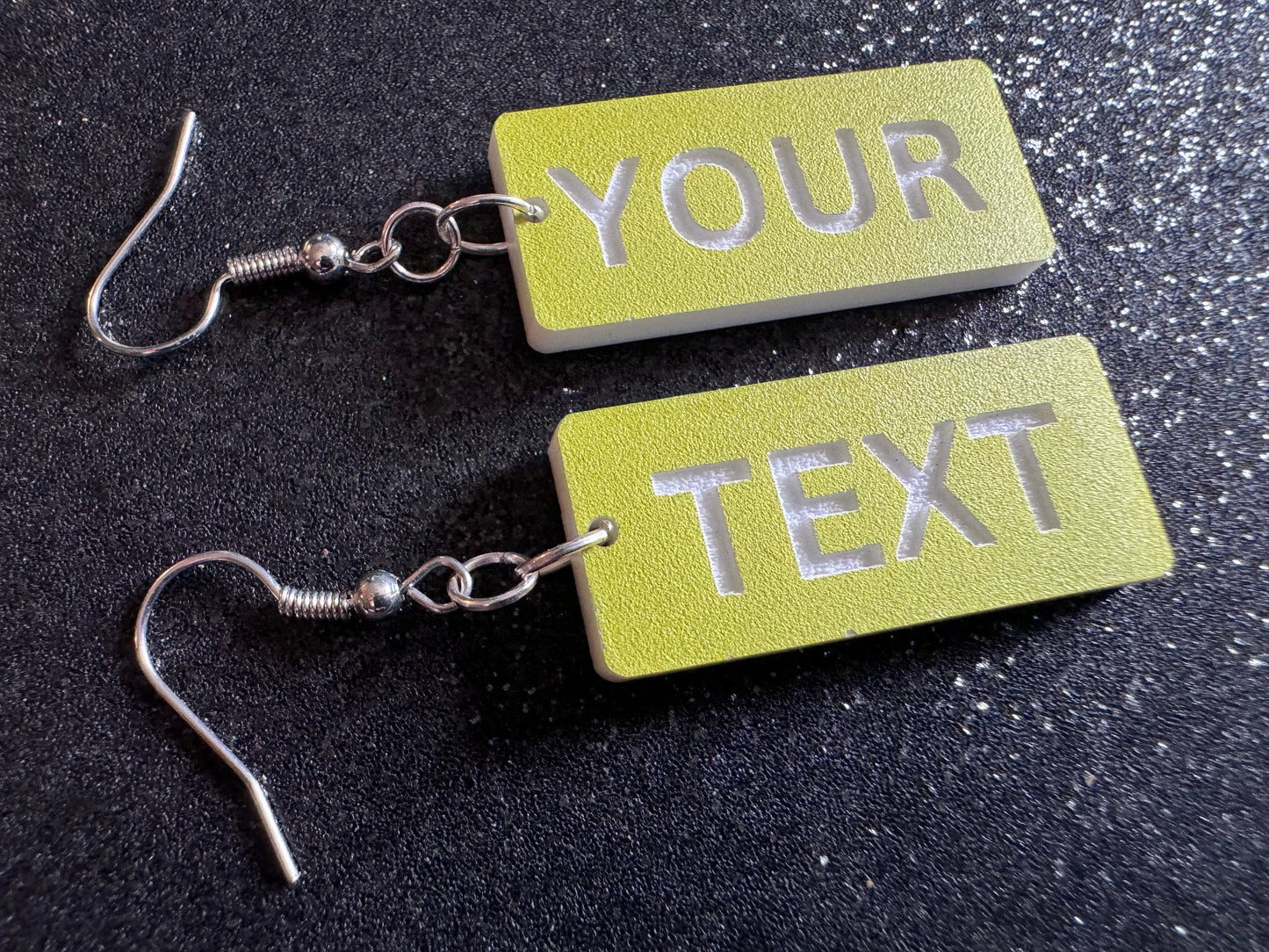 Custom Text Earrings: Laser Engraved Words, Yellow with White Text, Letters, Names, Teacher Gift, Anniversary, Best Gifts for Her/Him/Them