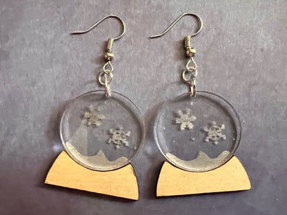 Custom Text Engraved Snow Globe Earrings: Christmas, Holidays, Winter, Snowy, Present, Laser Cut Acrylic & Wood, Best Gifts for Her/Him/Them