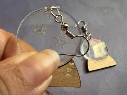 Custom Text Engraved Snow Globe Earrings: Christmas, Holidays, Winter, Snowy, Present, Laser Cut Acrylic & Wood, Best Gifts for Her/Him/Them