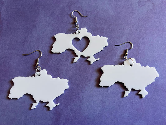 Custom Ukraine Earrings with Heart: Laser Cut Acrylic, Travel, Patriotic, Support Ukraine, Geography Teacher Gift, Gifts for Her/Him/Them